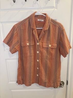 Madewell Striped Linen Blend Button Front Shirt Small Orange Short Sleeve
